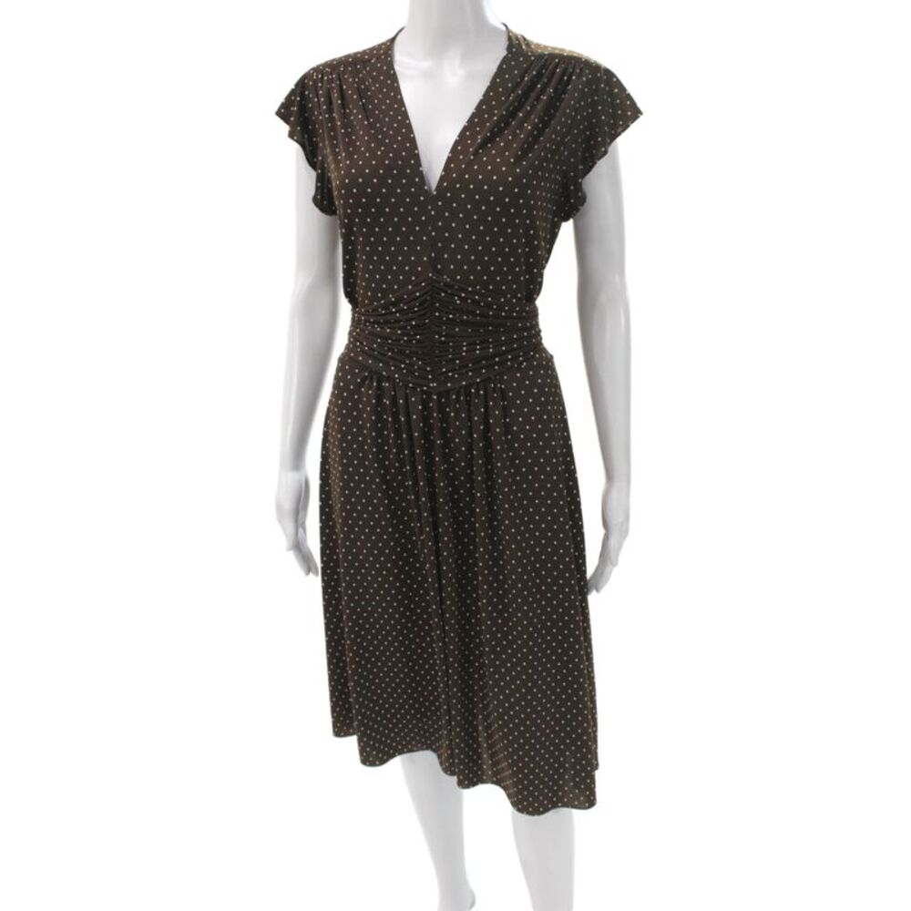 Searle Women Fit & Flare Polka Dot Midi Dress Brown V-Neck Short Sleeve Size M